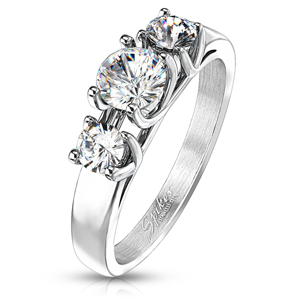 Clear Round CZ Triple Prong Stainless Steel Band